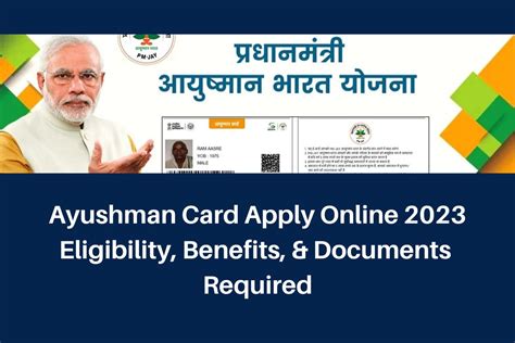 Nov 24, 2023 · Ayushman Bharat Card 2023 Apply Online. The Pradhan Mantri Jan Arogya Yojana (PMJAY), spearheaded by Prime Minister Narendra Modi and overseen by the Ministry of Health & Family Welfare, is a vital initiative. This scheme empowers financially vulnerable families by granting them Health Cards, enabling them to receive free medical …